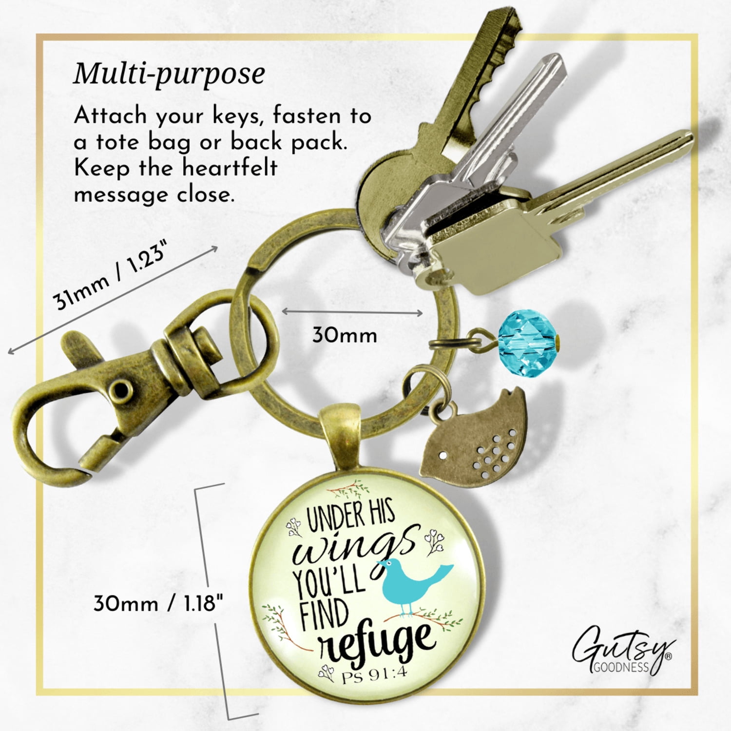 Bible Quote Gutsy Goodness Bronze Keychain Under His Wings Refuge Psalm 91 Promise Jewelry