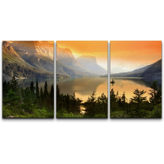 wall26 Canvas Print Wall Art Set Island on The Lake in Sunset Forest Nature Wilderness Photography Realism Contemporary Scenic Colorful for Living Room, Bedroom, Office - 24"x36"x3 PanelsPa