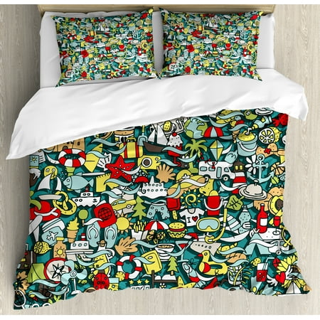 Concept Compass Set (Doodle King Size Duvet Cover Set, Simple Mini Drawings of Holiday Related Concepts Caravan Compass Lifebuoy Breakfast, Decorative 3 Piece Bedding Set with 2 Pillow Shams, Multicolor, by)
