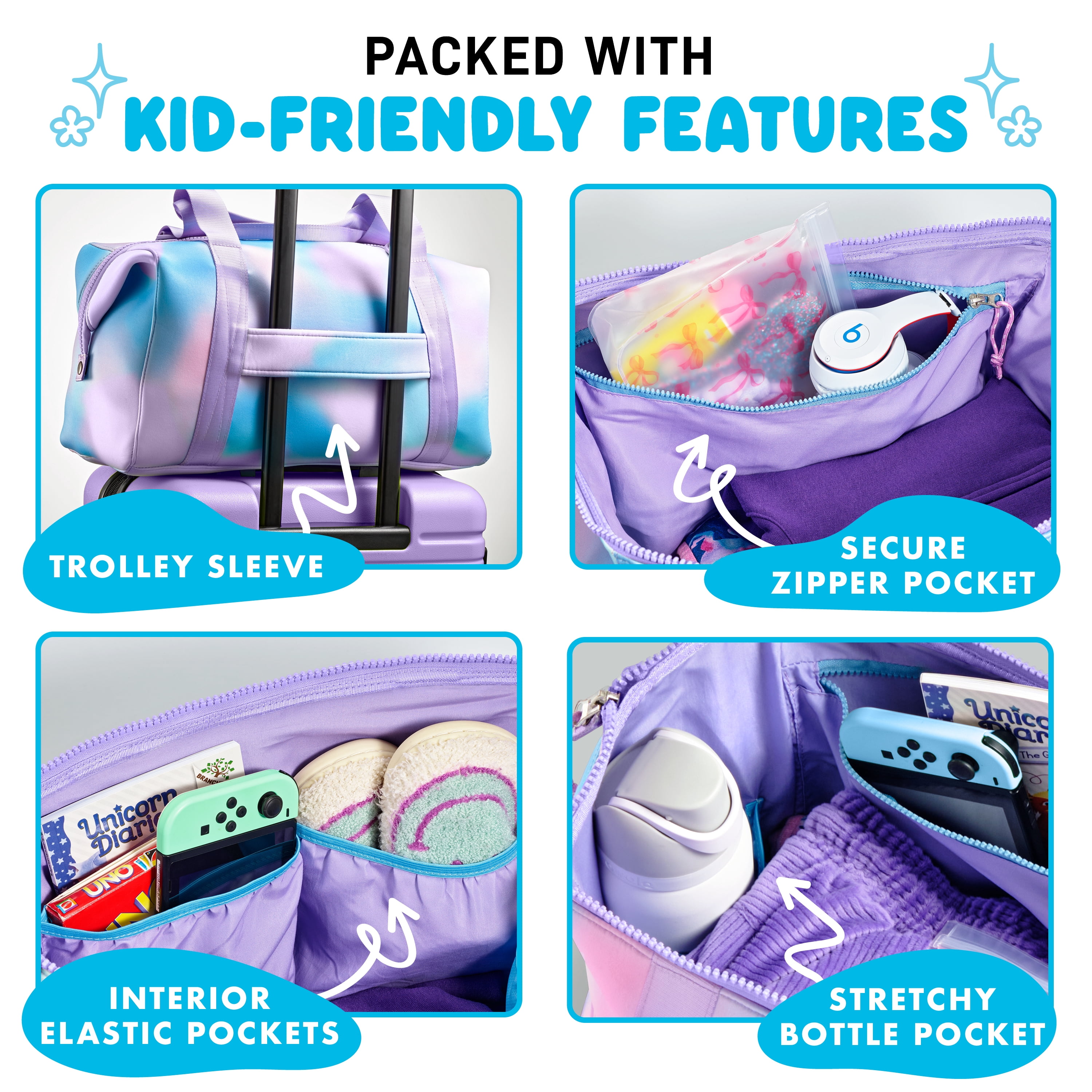 Fit + Fresh Junior Duffel Bag For Kids, Premium Neoprene Dance & Sports Bag, Weekender, Pink Purple