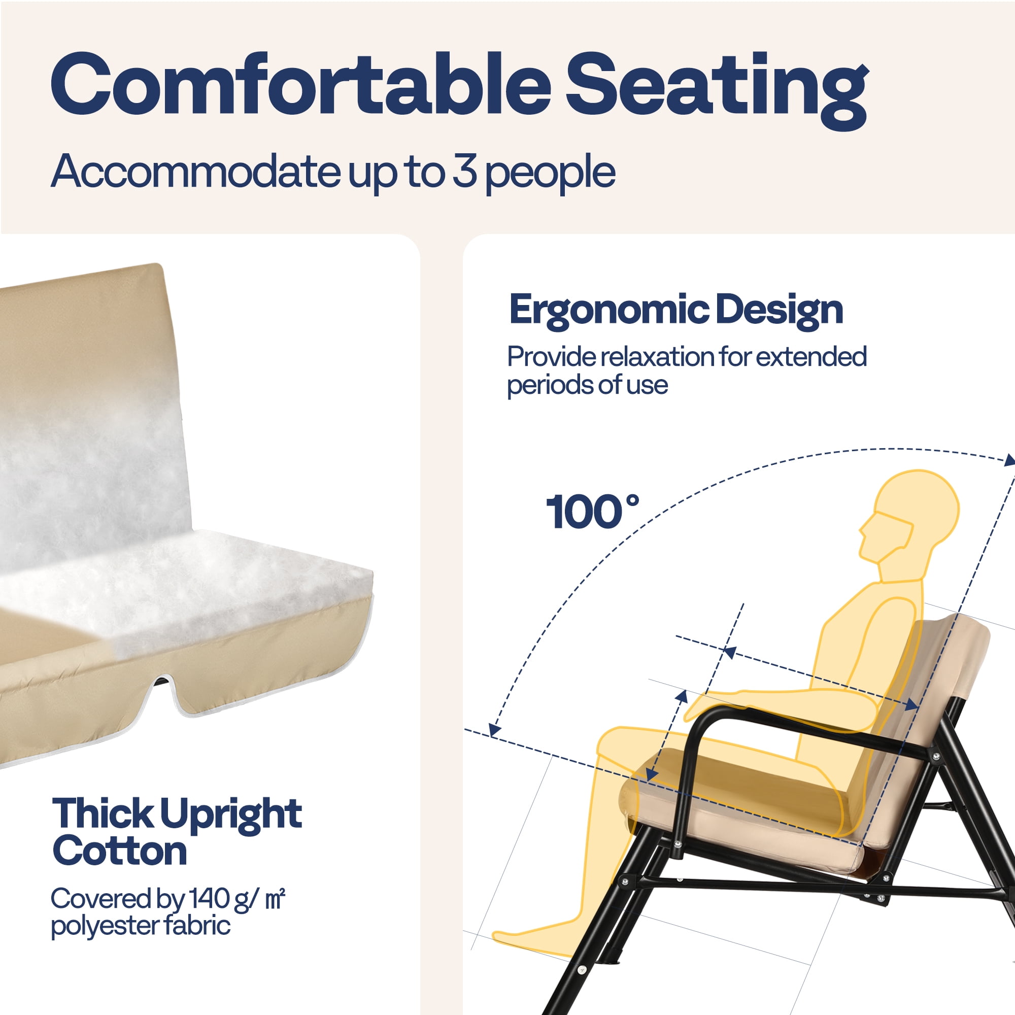 VIVOHOME 3-Seat Swing Glider Chair with Removable Cushion & Canopy, Steel Frame Stand, Beige