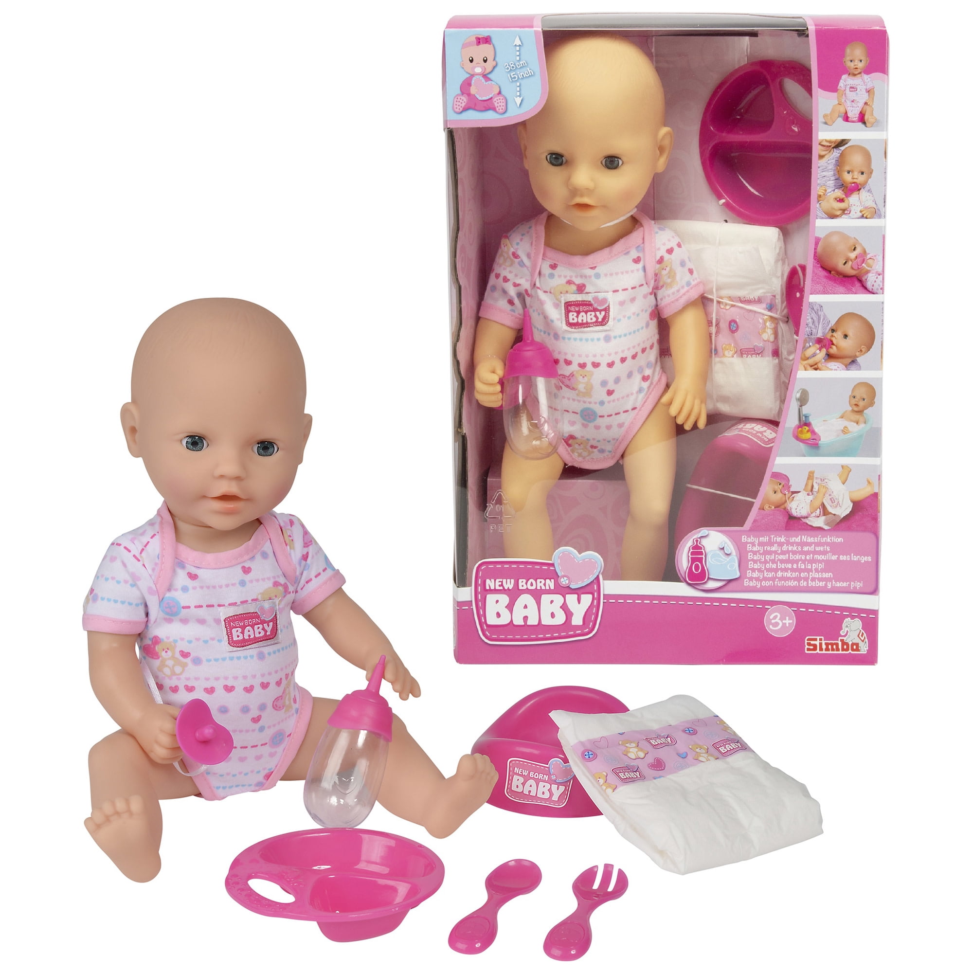 Simba Toys: Newborn: Drink & Wet - 15" Baby Doll & 7pc Toy Accessories - Pink-Heart-Teddy Bear Onesie, Potty Toilet, Bottle, Diaper & More, Kids 3+