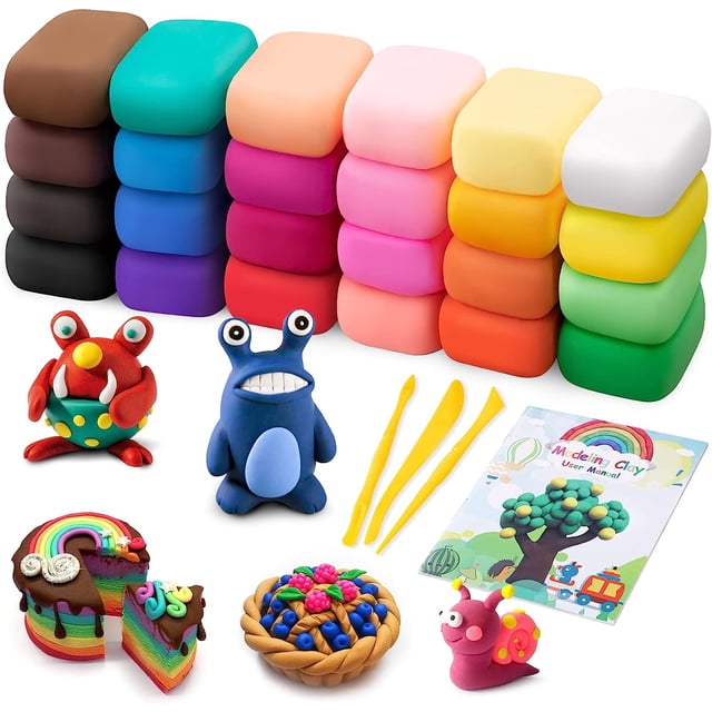 kit de arcilla para moldear secado al aire - 24 colores con 3 herramientas de escultura, 24 bloques rectangulares multicolor apilados en columnas sobre fondo blanco; primer plano con figuras modeladas (monstruo rojo, criatura azul, pastel arcoíris en rebanadas, canasta de bayas y caracol rosa), tres herramientas amarillas de modelado y folleto de instrucciones ilustrado.