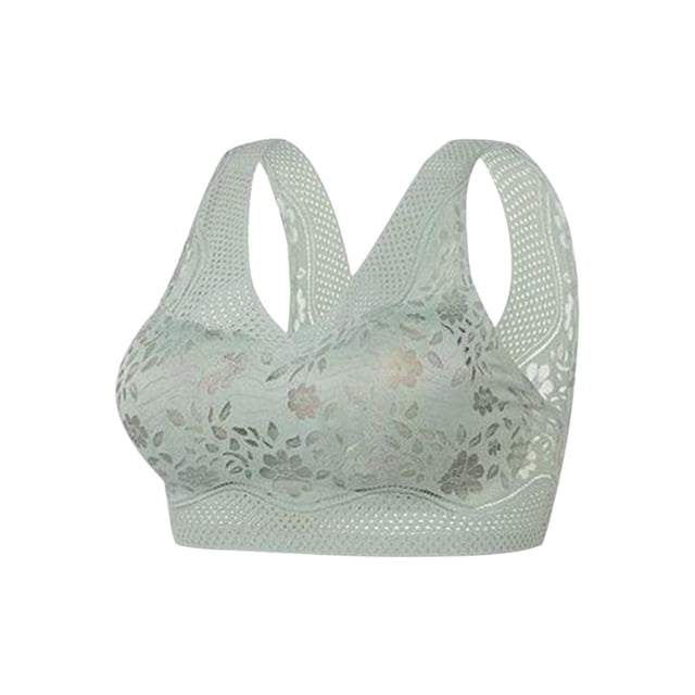 sujetador para correr y yoga, ropa interior deportiva sin aros con cuello en v y encaje sexy a la moda para mujer Verde Fridja — Vista frontal centrada de sujetador deportivo sin aros con copa suave y escote en V en encaje floral; tirantes anchos tipo racerback de malla perforada y banda elástica inferior de grosor estándar. Tejido ligero y transpirable para yoga y uso diario; también sirve como top casual.