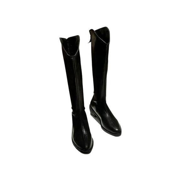 Lovskoo 2024 Cowboy Boots for Women Knee High Leather Pointed Toe Elegant Shoes High Tube Flat Heels Western Boots Black