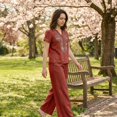 thumbnail image 5 of Womens 2 Piece Linen Suits Cute Summer Flowy Matching Suit Boho Flowy Embroidered Tops Wide Leg Pants Casual Sets, 5 of 6