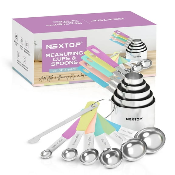 Nextop 14-Piece Stainless Steel Measuring Cups and Spoons Set with 1/8 Teaspoon, 1/8 Cup, and Leveler for Dry Ingredients, Complete Set for Kitchen & Baking Measuring Tools