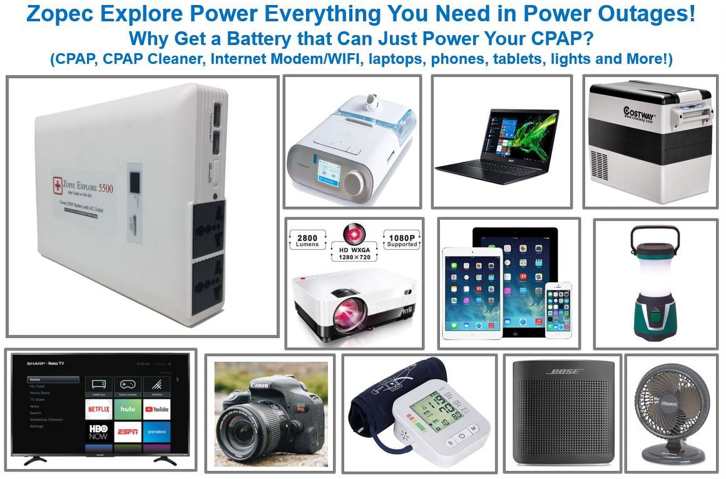 Zopec EXPLORE 5500 Universal CPAP UPS Battery Backup Power Supply (2-3 Nights). Automatic Switch with Uninterrupted Sleep in Power Outage! Works with All CPAP Brands with No Adapters. FAA Compliant.