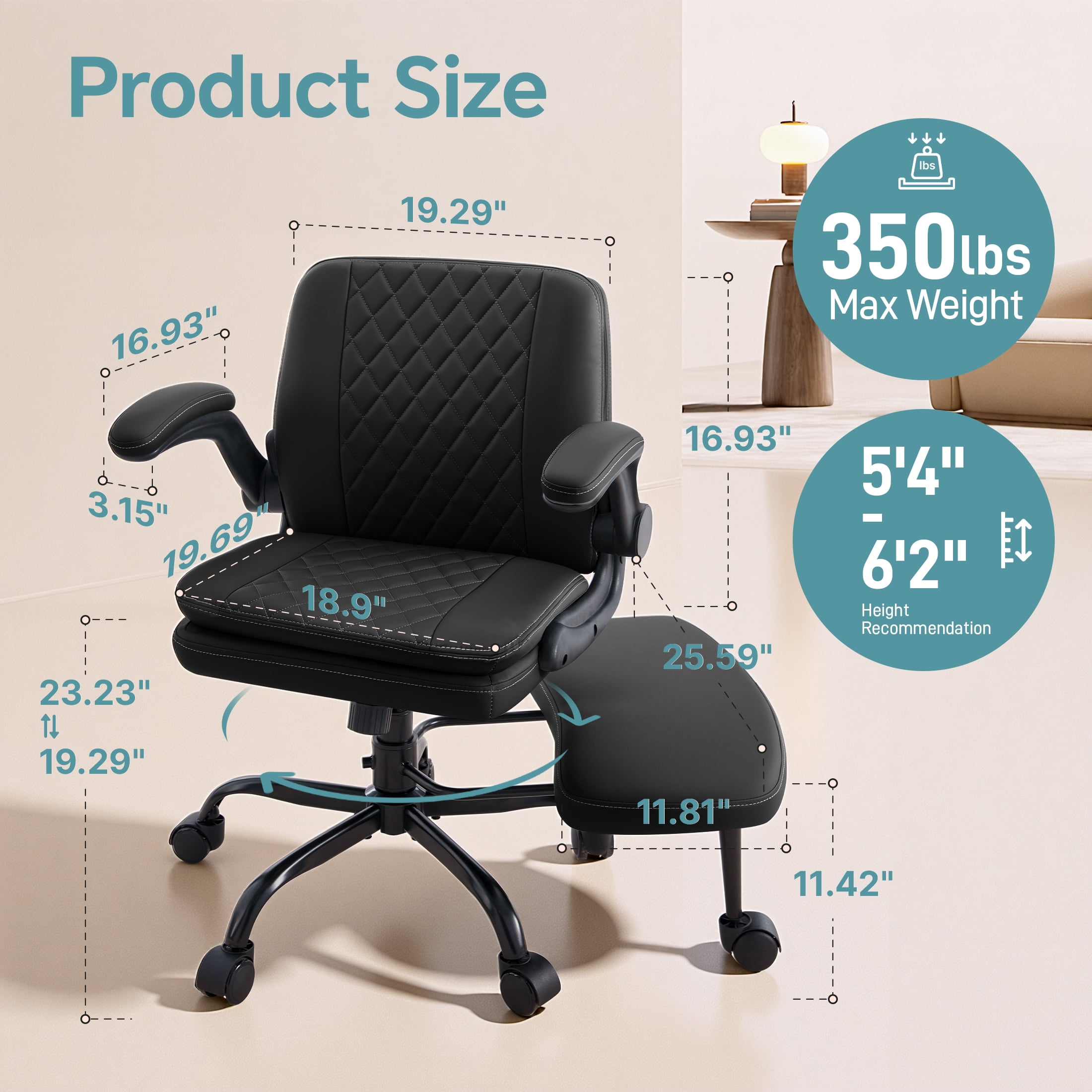 Dhole High Back Ergonomic Office Chair - Adjustable Swivel Chair with Lumbar Support, Flip-Up Arms, Retractable Footrest & Brown Diamond PU Leather for Home Office Desk-Black