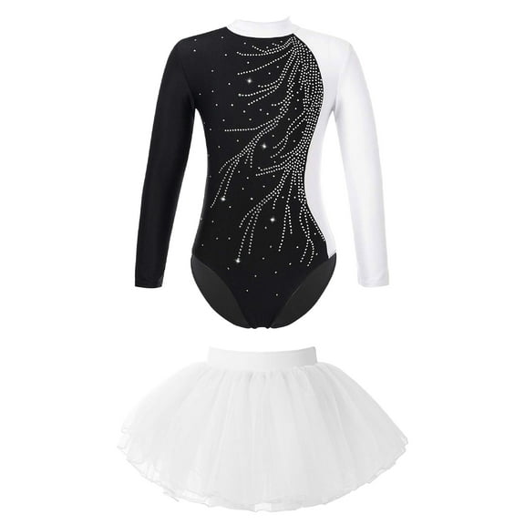 Doomiva Kids Girls Ballet Dance Dress Outfit Long Sleeve Gymnastics Leotard with Mesh Tutu Skirt Set White 10