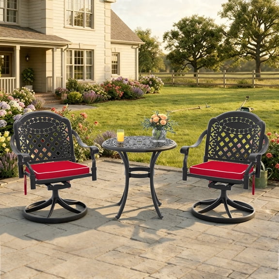 Miekor Furniture 3-Piece All-Weather Cast Aluminum Dining Set, Include 2 Swivel Chairs and 26.77" Round Table With Black Frame No.9696