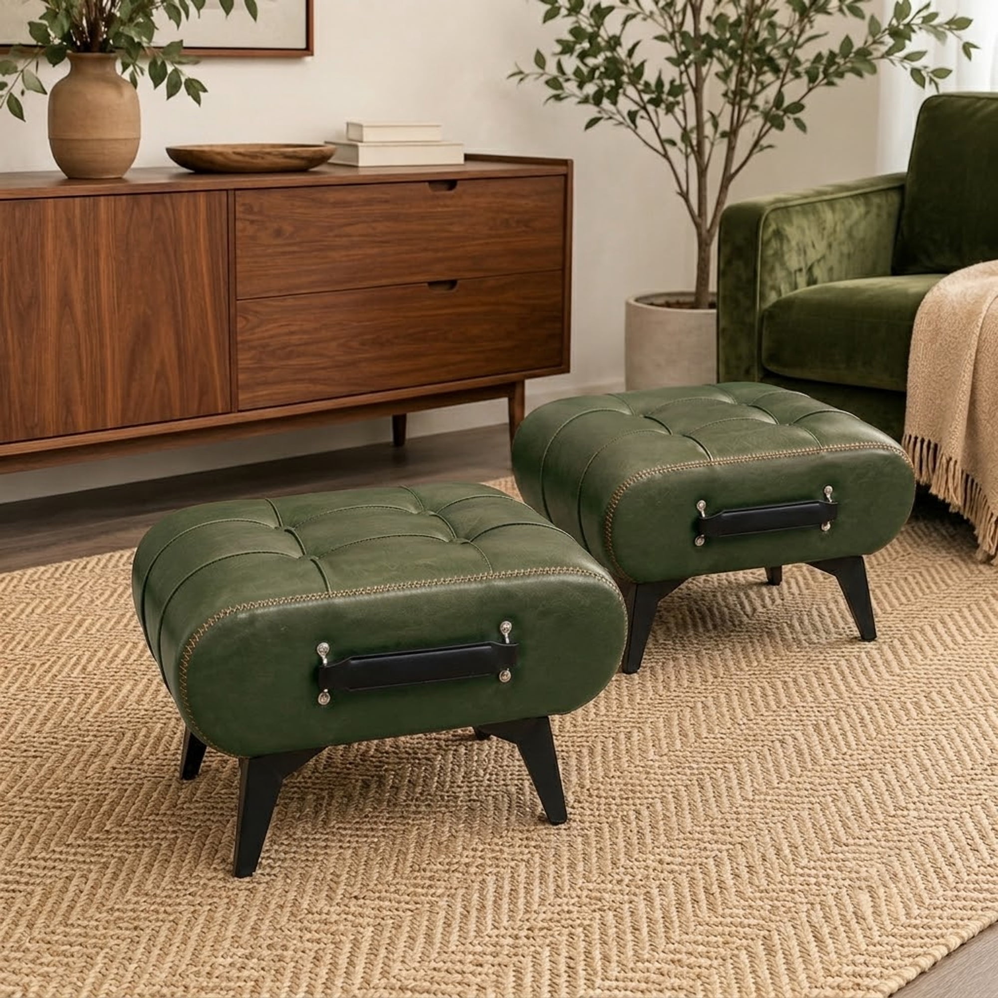 Leumius Leather Stool with Portable Handles and Metal Legs, Modern Minimalist Square Footrest with Hidden Storage Space for Living Room Green