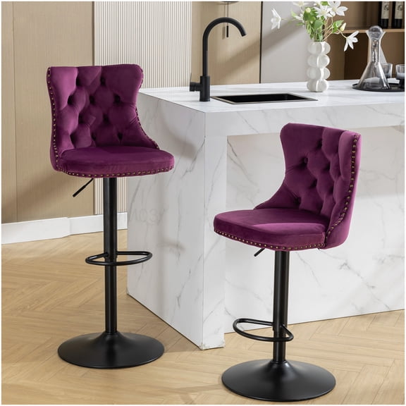 Modern Swivel Bar Stools with Backs Set of 2, Purple Velvet Upholstery, Adjustable Height Kitchen Island Stools, Tufted Back Comfort Seating