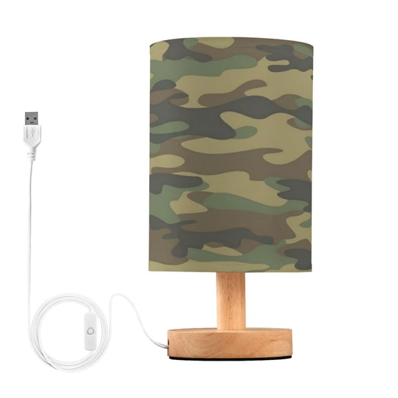 WOBOGO Army Green Camouflage Bedroom Table Lamp USB Power Connector Wooden Base Round Linen Shade For Living Room Desk