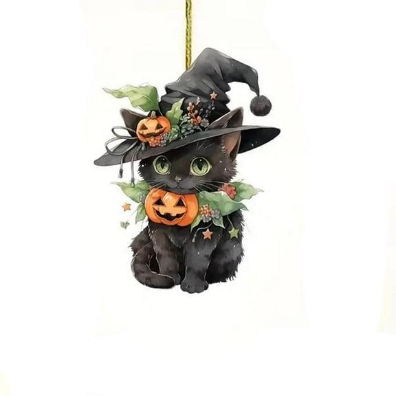 Kedshhgu Halloween Cat Black Wearing Pumpkin Hat Decoration, Flat Acrylic Cartoon Style, Suitable for Hanging On Tree Branches Christmas Tree Pendant Decoration