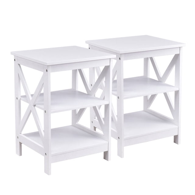 Costway 2PC Table de Chevet à 3 Niveaux Étagère de Rangement Salon Furni Blanc