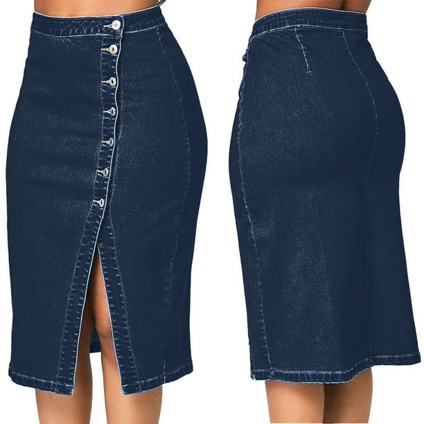 EQWLJWE Denim Skirts for Women with Pockets Frayed Raw Hem Stretch ...