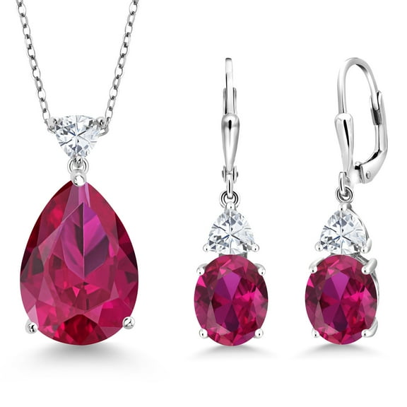 Gem Stone King 925 Sterling Silver Red Created Ruby and White Moissanite Pendant Earrings Jewelry Set for Women (20.41 Cttw, Pear Shape 18X13MM, with 18 inch Chain)