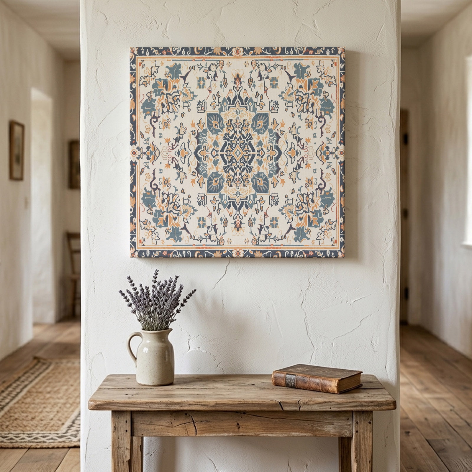 Ships Next Day Canvas Wall Art 8"x8", Boho Blue Wood Framed Canvas Print Painting, Southwestern Ethnic Vintage Mexican Flowers Ready to Hang Small Picture Wall Decor for Home Bathroom Nursery Kitchen