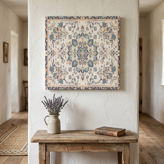 Ships Next Day Canvas Wall Art 8"x8", Boho Blue Wood Framed Canvas Print Painting, Southwestern Ethnic Vintage Mexican Flowers Ready to Hang Small Picture Wall Decor for Home Bathroom Nursery Kitchen