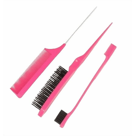 Hair Styling Comb Set with Edge Brush, Teasing Brush, Rat Tail Comb, 3 Piece-Hot Pink