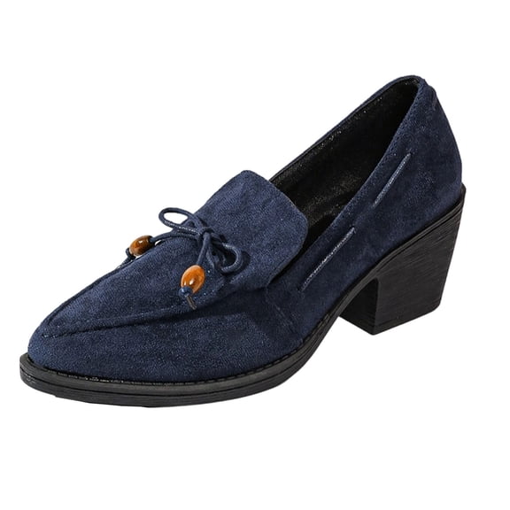 X-737 Blue Ladies Casual Loafers Pointed Toe Mid Heel Slip On Comfortable Suede Dress Shoes For Women