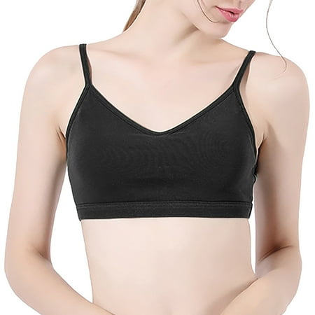 BYHONG V Neck Sports Bras for Women Thin Straps Padded Yoga Bra Basic Wireless Bra Camisole Black L