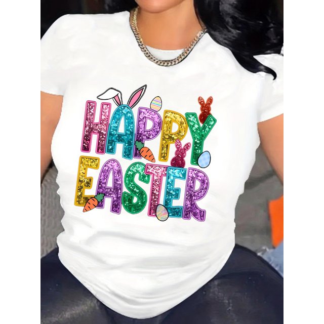 Festive Easter Bunny & Eggs Glitter Print Women's T-Shirt - Casual Streetr, Round Neck, Short Sleeve, S-XXL, Multicolor Options, Machine Washable Tee For Adult, Men, Women, Teen, Teenager, Adolescent