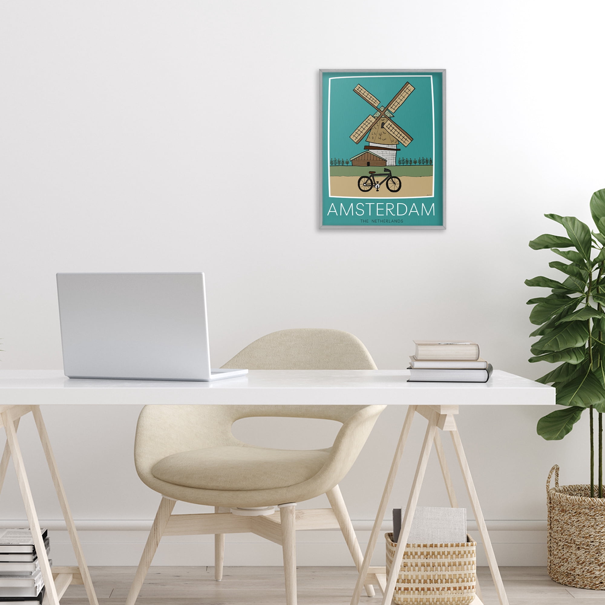 Stupell Industries Amsterdam Windmill Poster Gray Framed Giclee Art, design by Hugo Edwins