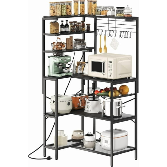 L-Shaped Bakers Rack with Power Outlet, 6-Tier Microwave Stand with Open Storage, Kitchen Shelf with Hooks, Coffee Bar with Wire Basket, Black