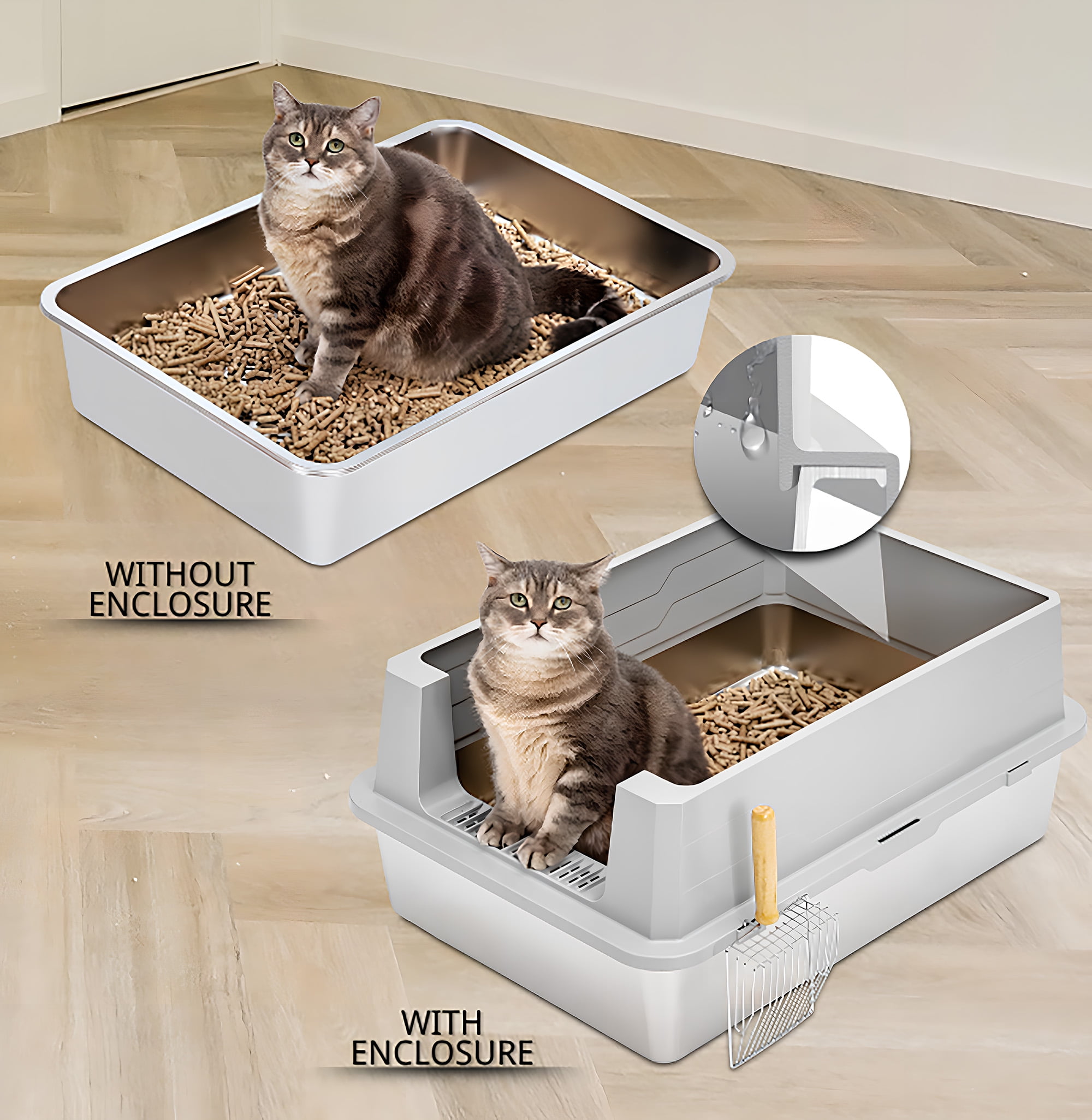 Furrbby XXL Stainless Steel Cat Litter Box with Lid for Pine Pellet, High Side with Scooper, Extra Large Litter Box for Cat, Odor Control, Easy Clean, 27.6*19.7 inch, Gray