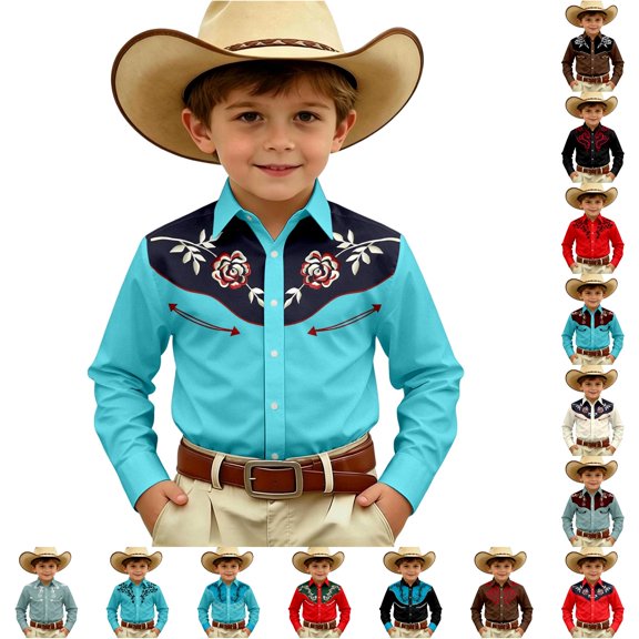 WhouRiu Boys Western Cowboy Style Graphic Shirt Fall Casual Long Sleeve Button Up Shirts 4-13 Years