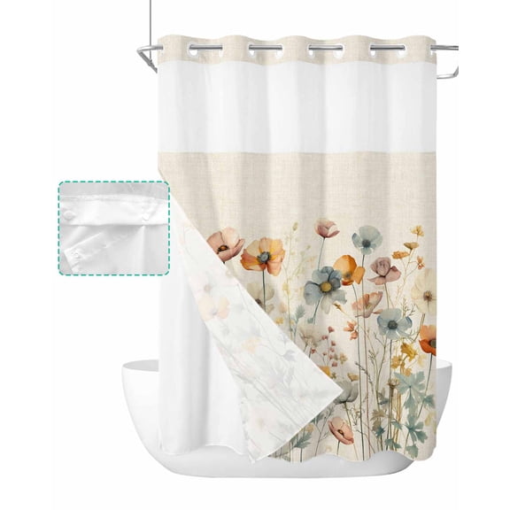 No Hook Shower Curtain with Snap in Liner, Vintage Flowers Watercolor Floral Leaves Linen Hotel Shower Curtains for Bathroom, Washable Shower Curtain Liner Set with Mesh Top Window, 72"x96"