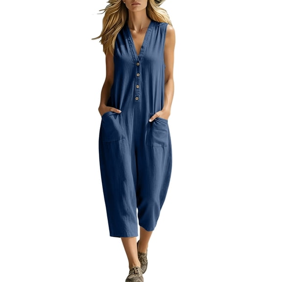 TEAJOPSUU Jumpsuits for Women Cotton Blend Sleeveless Wide Leg Jumpsuit Button Down Baggy Capri One Piece Jumpsuit Loose Fit Overalls with Pockets Navy
