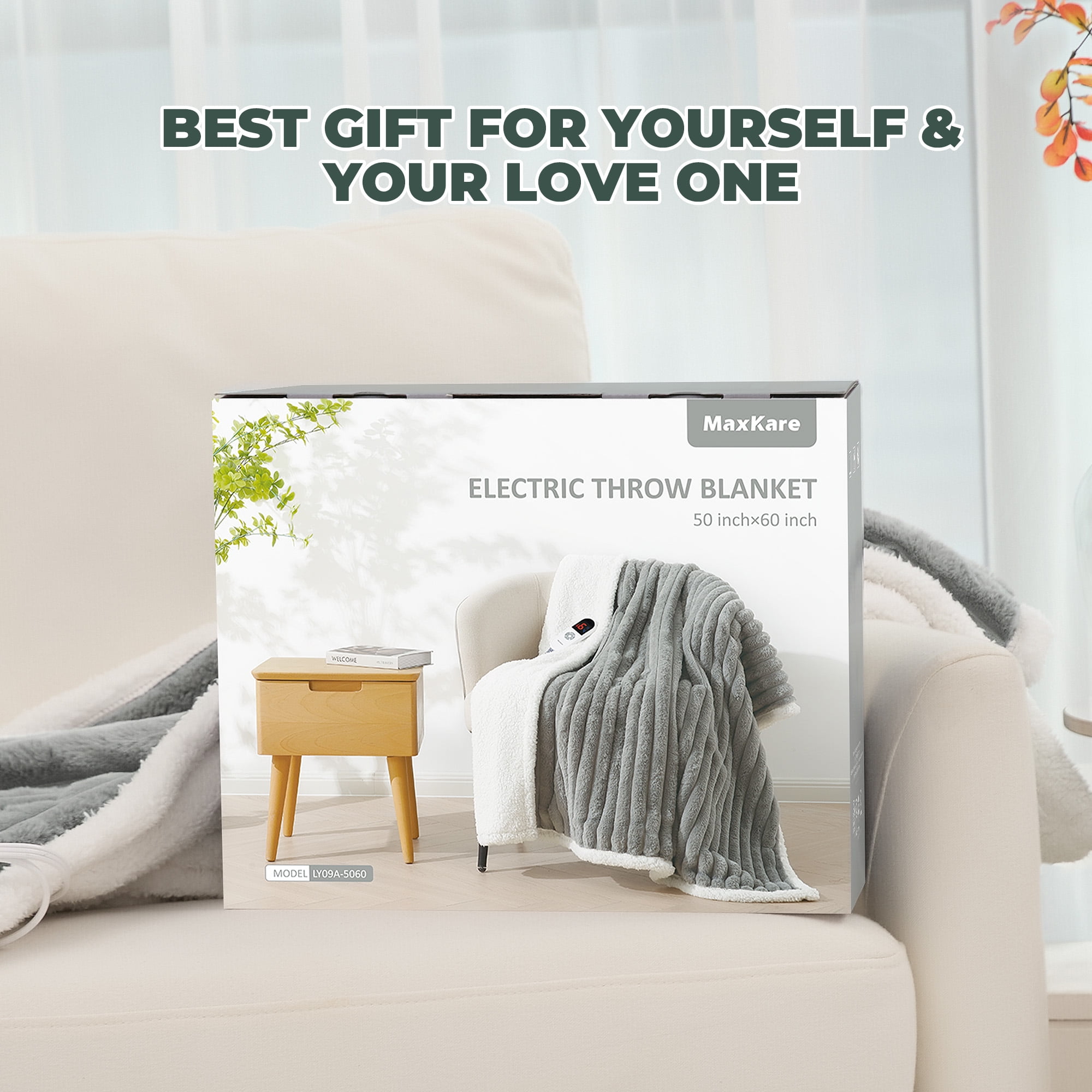 MaxKare Heated Throw Blanket, Soft Faux Fur & Shu Velvet Electric Blanket, 6 Heating Levels, 4 Hours Timer, Large LED Display, 50" x 60" Gray & White