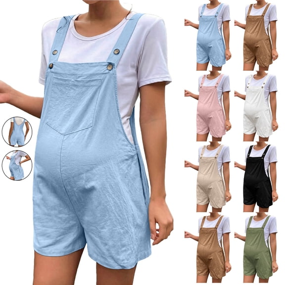 Frostluinai Women's Maternity Overalls Shorts Pregnancy Casual Sleeveless Jumpsuits Romper with Pocket Basic Solid Linen Jumper Shorts