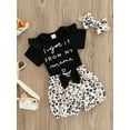 thumbnail image 3 of Seyurigaoka Girls Summer 3Pcs Outfit Sets Short Sleeve Letter Print Romper + Leopard/Sunflower Print Shorts + Headband, 3 of 9