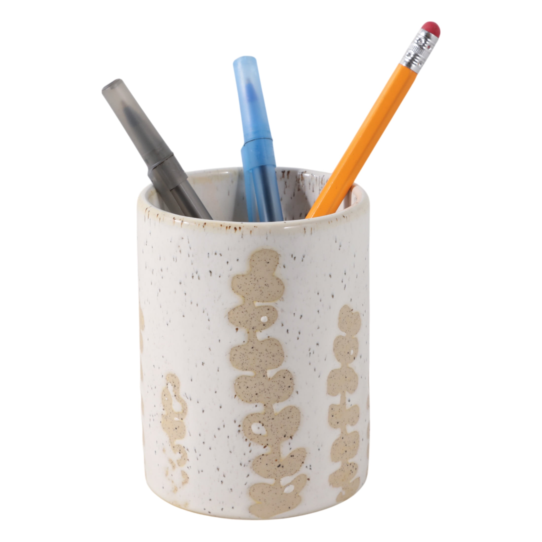 Decorative Desk Organizer with Wild Plant Print Design - Desktop Storage for Workspace Accent or Small Desk Decor - Functional Office Accessory for Bathroom, Bedroom, or Home Decor - 4", Tan & Ivory