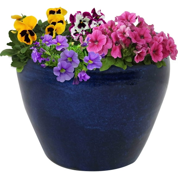 Sunnydaze Chalet 14.5" x 14.5" x 11.25" Round Imperial Blue Ceramic Outdoor Planter
