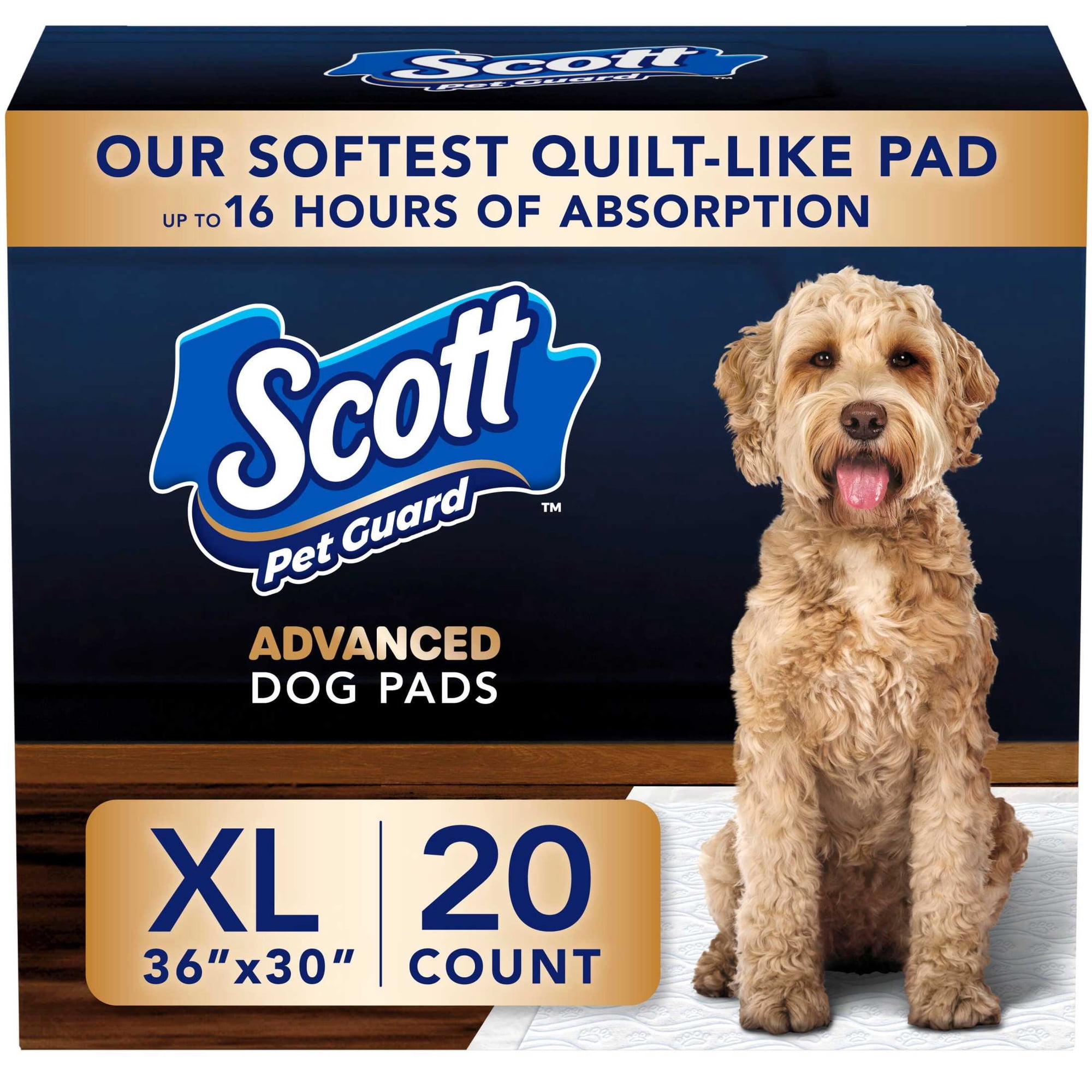 Scott Pet Guard Advanced Dog Pads - Dog Training Pee Pads for Puppies, Medium & Large Dogs - Up to 16 Hour Absorbency with Odor Control - Softest Quilted Dog Pee Pads - XL - 30" x 36" - 20 Pack