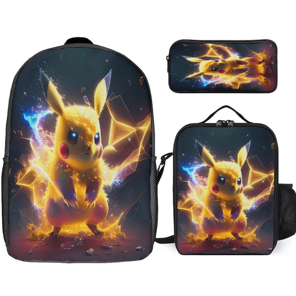Cute Pi-ka Yellow Elf Three-Piece Backpack Set: Includes A High-Quality Backpack Lunch Bag And Pencil Case One size