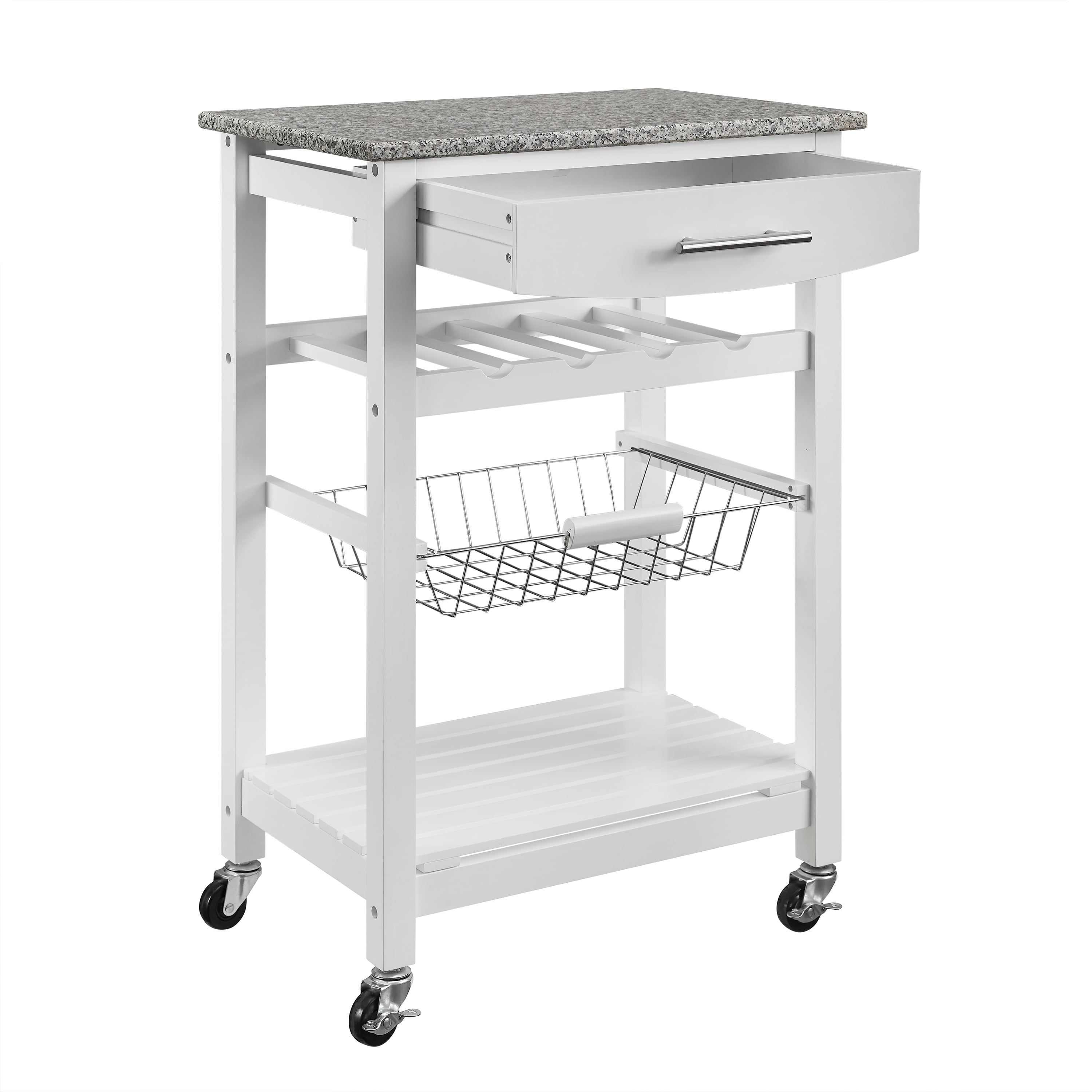 Linon Neyrey Mobile Kitchen Island, White Finish with Gray and White Speckled Granite Top