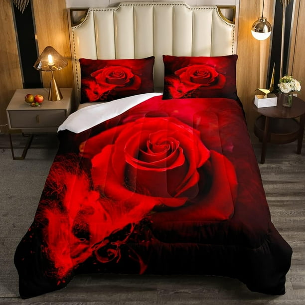 Floral Juego de Cama Twin Size,Ombre Negro Rojo juego de cama para Niñas Mujeres