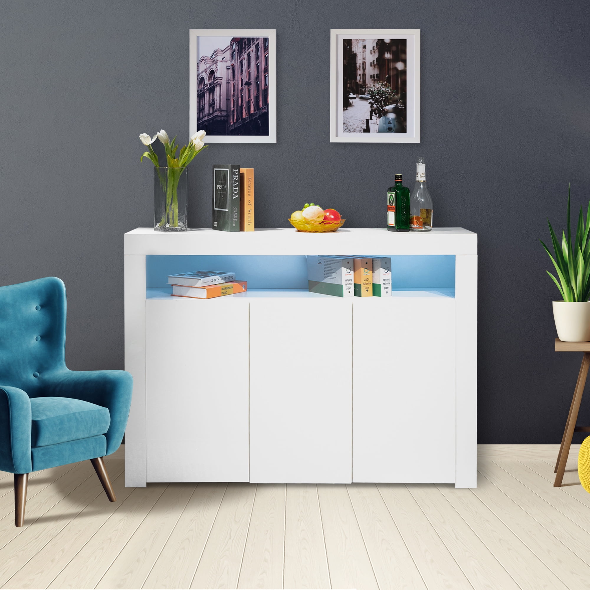 Private Jungle Sideboard UV Coated, High Glossy Panel, With Led Lights, Kitchen Cabinet,Bar Cabinet, Modern And Fashion Furniture, White Private Jungle Sideboard UV Coated, High Glossy Panel, With Led Lights, Kitchen Cabinet,Bar Cabinet, Modern And Fashion Furniture, White