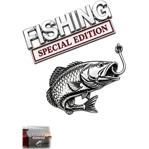 Fishing Special Edition Premium 3D Metal Vehicle Emblem Badge, Chrome Fish Hook Design Emblem Decal for Truck SUV Boat Trailer, Gift for Anglers4pcs