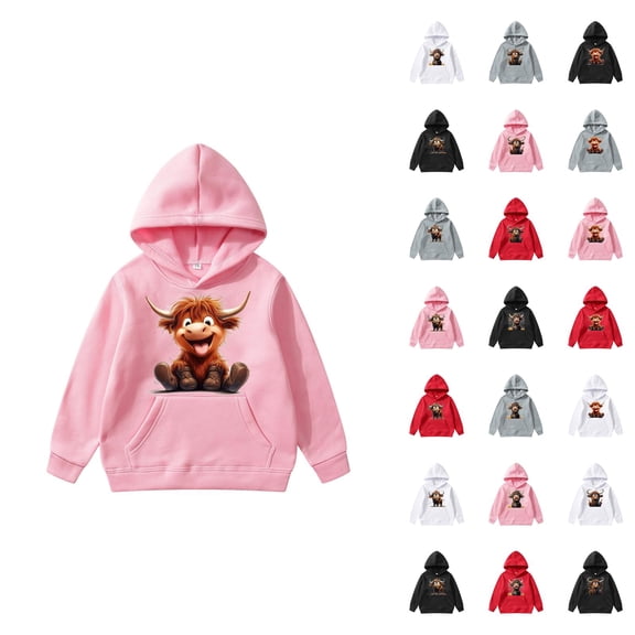 Cute Highland Cow Hoodies for Kids 2025 Long Sleeve Christmas Hooded Sweatshirt with Pockets for Boy Girl Pullover Top