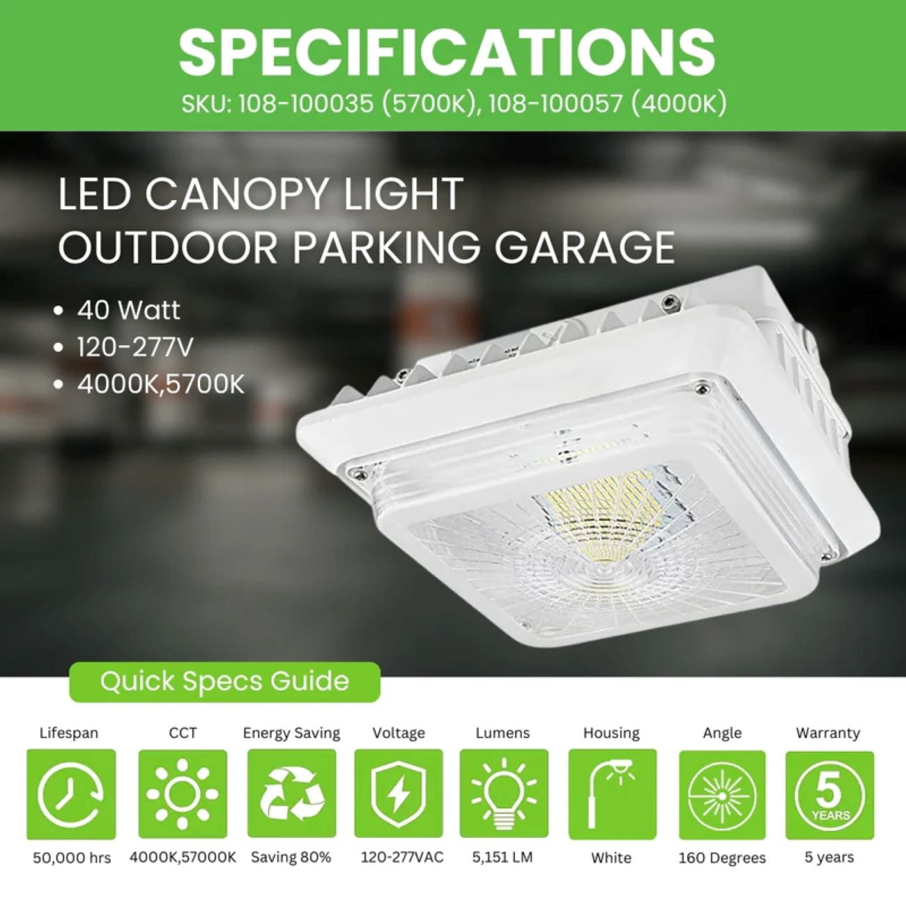 GREENLIGHTDEPOT LED Canopy Light - 40W - 5,151 Lumens - Outdoor Parking Garage Light - PG02 - (UL+DLC Listed)(4000K)