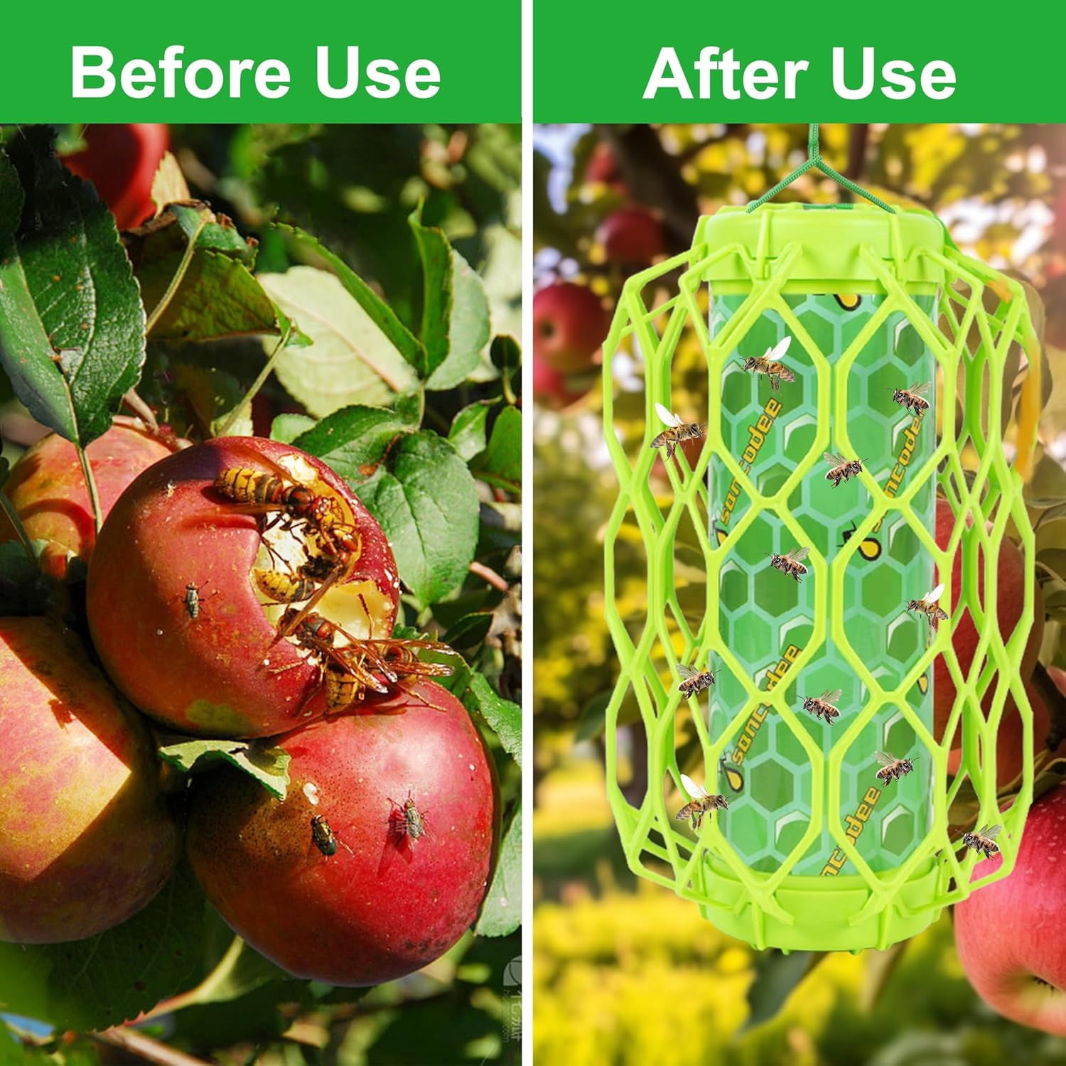 4 Pack Upgraded Wasp Trap Outdoor Hanging, Carpenter Bee and Hornet Catcher, Reusable Yellow Jacket Trap with Bait Reservoir, Bee Killer and Wasp Catcher for Outside (Green)
