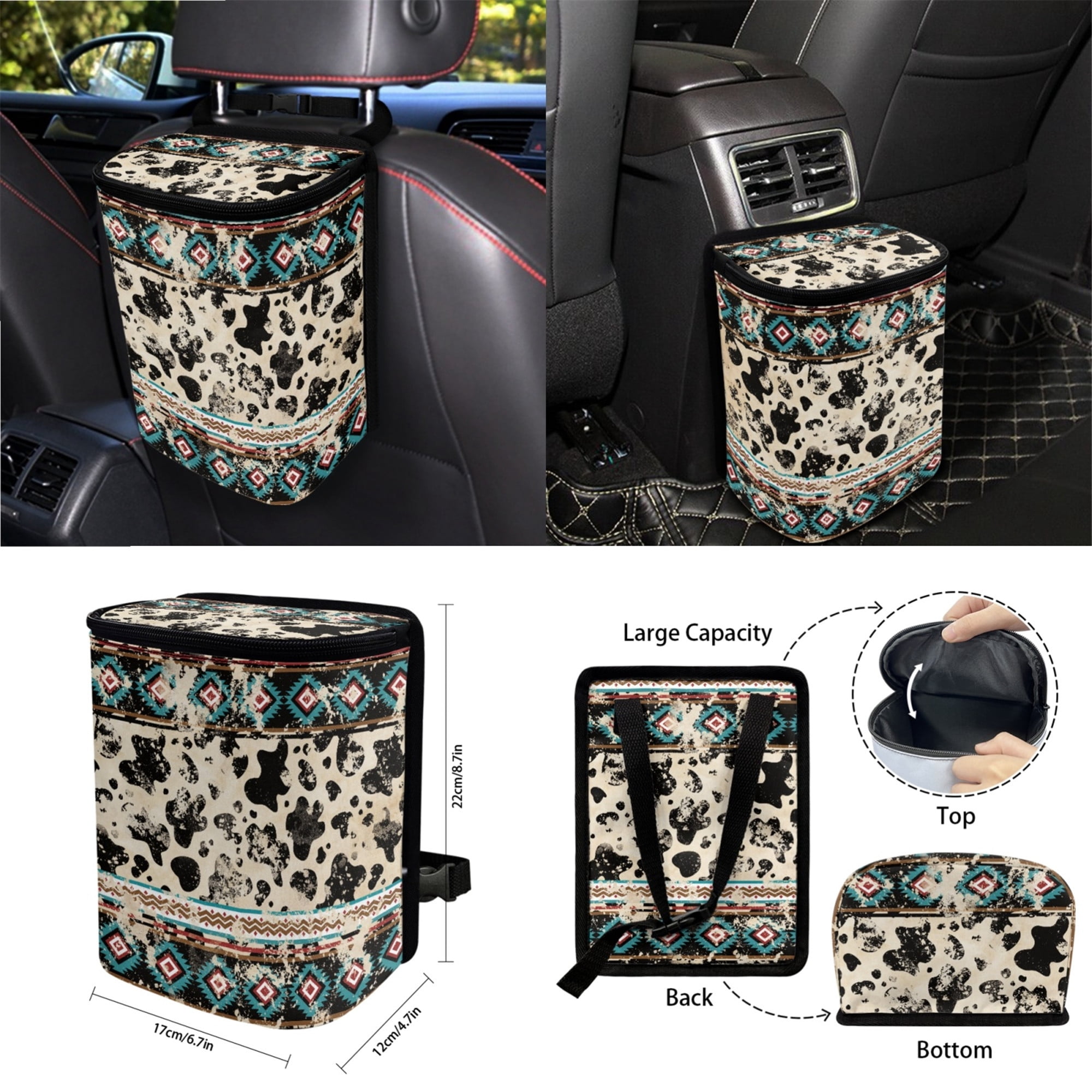 Yuyamidu Aztec Ethnic Car Seat Cover Set of 15 Cow Print Steering Wheel Cover Seat Belt Strap Pads Cup Coasters Trash Bag Air Vent Storage Bag Rearview Mirror Cover Keychain Auto Accessories