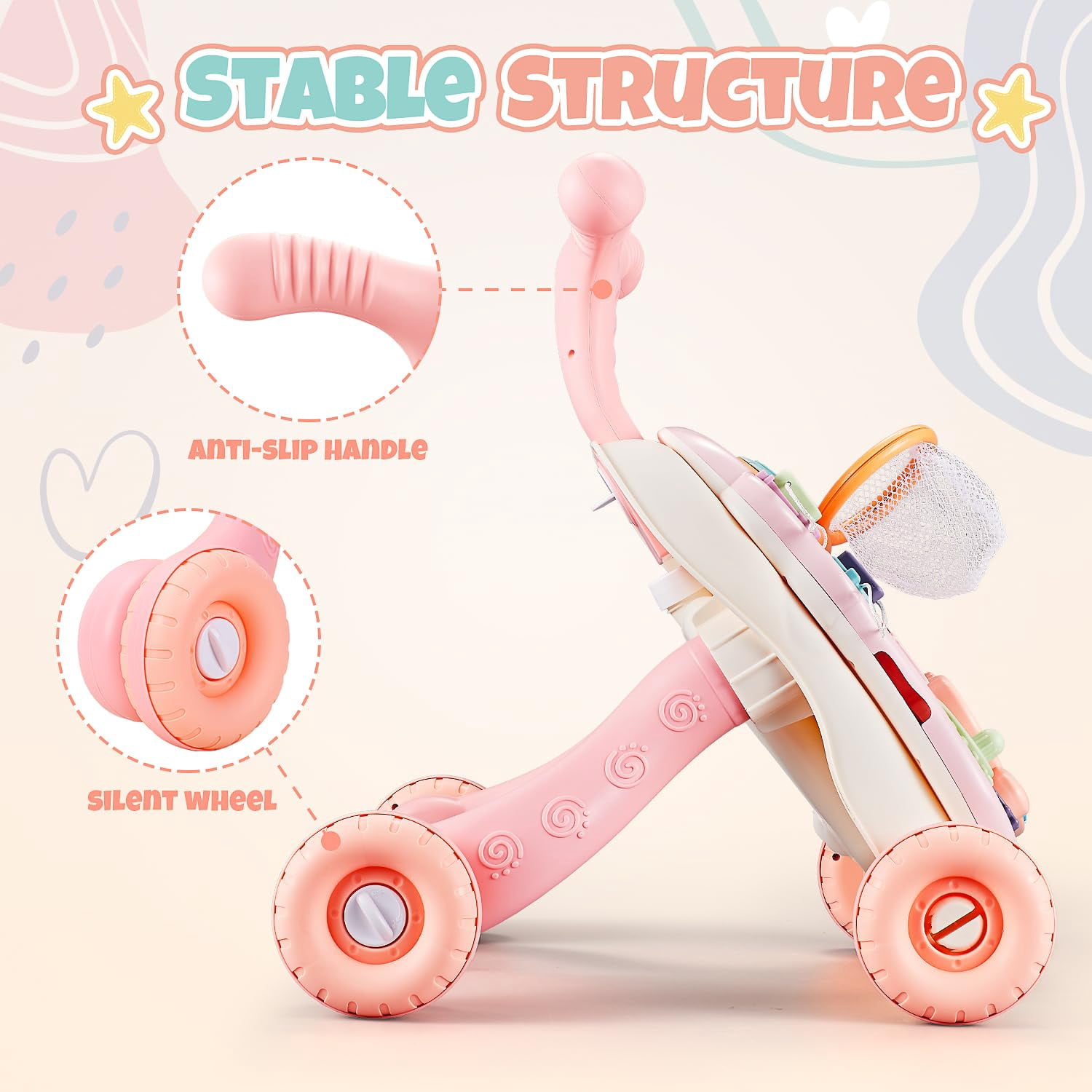 Eotvia Baby Walkers for Girls,3 in 1 Push Toys Pink Baby Walker Toy for Babies Learn to Walk 6-18Mos